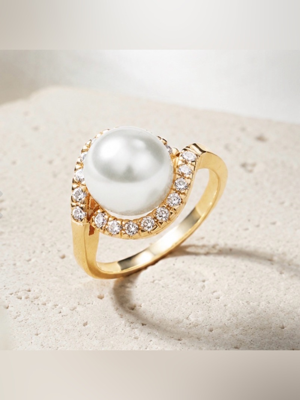 Gold Pearl Ring with Clear Crystal Halo - Women's Jewelry